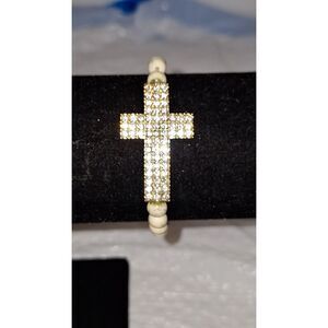 A Rhinestone Cross Beaded Stretchy Bracelet Howlite Gemstone Religious Jewelry